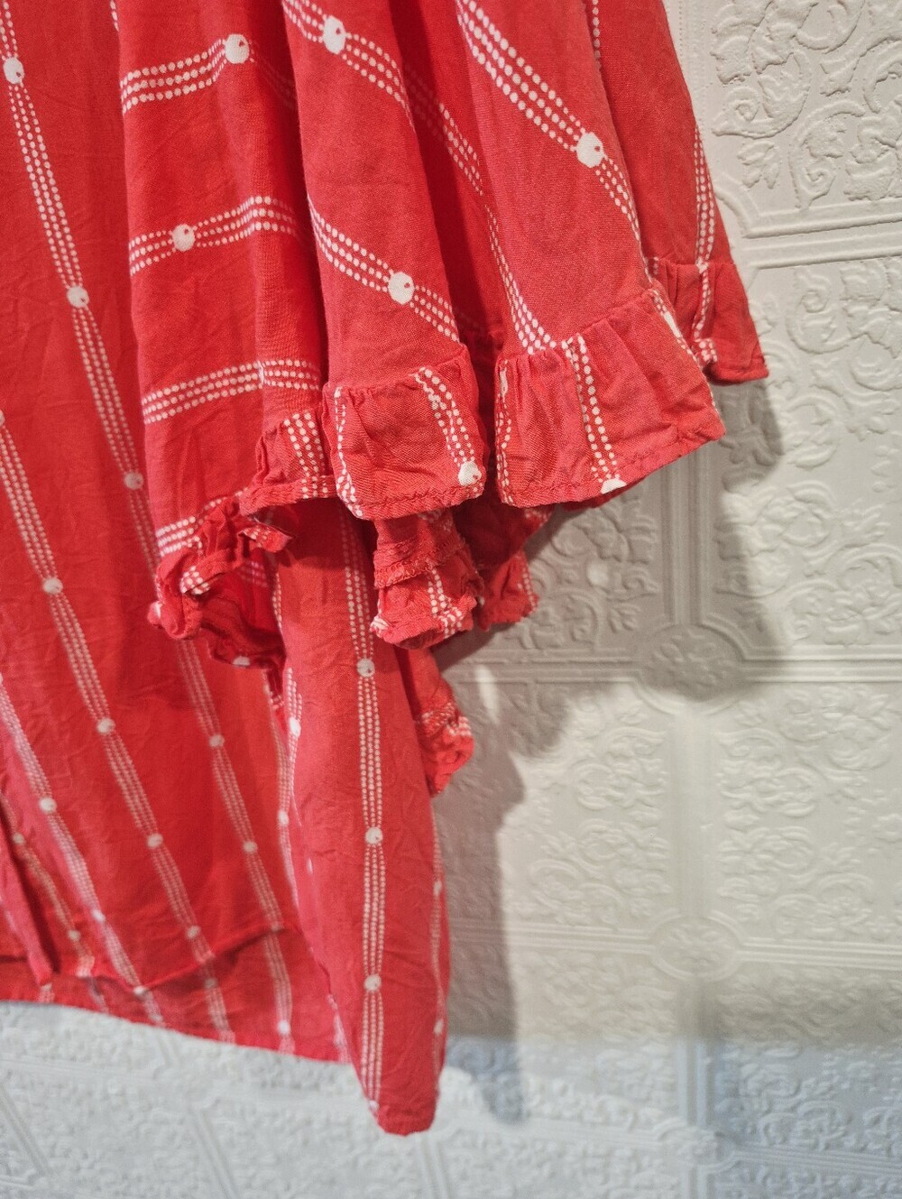 Maeve by Anthropologie Red Striped Button-Down Ruffle Flutter Sleeve Crop Blouse - Picture 5 of 7
